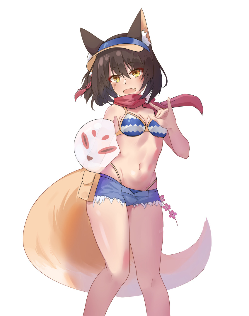 0020010521 1girl absurdres animal_ears ball bare_shoulders beach beachball bikini bikini_under_clothes black_hair blue_archive blue_shorts blush bottle brown_eyes fang fox_ears fox_girl fox_shadow_puppet fox_tail from_behind full_body halo highleg highleg_bikini highres holding holding_ball holding_beachball izuna_(blue_archive) izuna_(swimsuit)_(blue_archive) looking_at_viewer medium_hair micro_shorts official_alternate_costume sandals scarf shorts side_ponytail string_bikini swimsuit tail transparent_background