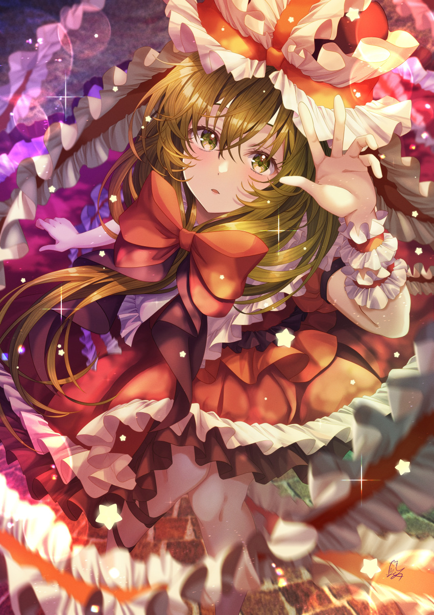1girl absurdres bangs black_ribbon bow commentary_request dress feet_out_of_frame frilled_ribbon frills from_above full_body green_eyes green_hair hair_between_eyes hair_bow hair_ribbon hand_up highres kagiyama_hina knees_together_feet_apart leg_ribbon long_hair looking_at_viewer looking_up open_mouth red_bow red_dress red_ribbon ribbon short_sleeves signature solo sparkle star_(symbol) totomiya touhou wrist_cuffs