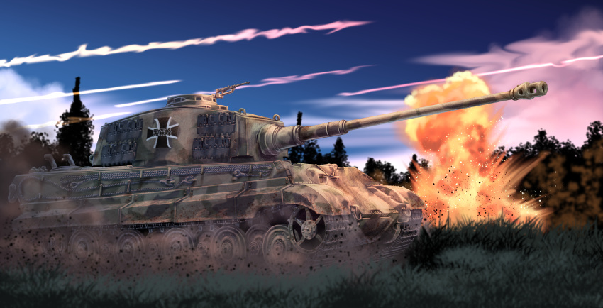 absurdres blue_sky camouflage cannon caterpillar_tracks cross day emblem explosion girls_und_panzer ground_vehicle gun highres iron_cross kuromorimine_(emblem) machine_gun military military_vehicle motor_vehicle no_humans outdoors sky tank tank_focus tiger_ii tigern_(tigern28502735) turret vehicle_focus weapon