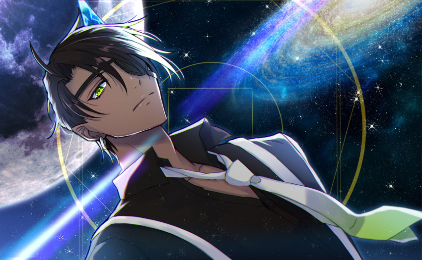 1boy aragami_oga black_hair black_shirt closed_mouth collared_shirt dark-skinned_male dark_skin earrings eyepatch galaxy gradient_necktie green_eyes hair_over_one_eye highres holostars horns ice_horns jewelry looking_at_viewer male_focus moon necktie official_alternate_costume open_collar pointy_ears sasago335 shirt short_hair single_horn sky solo sparkle star_(sky) starry_sky suspenders upper_body virtual_youtuber white_necktie