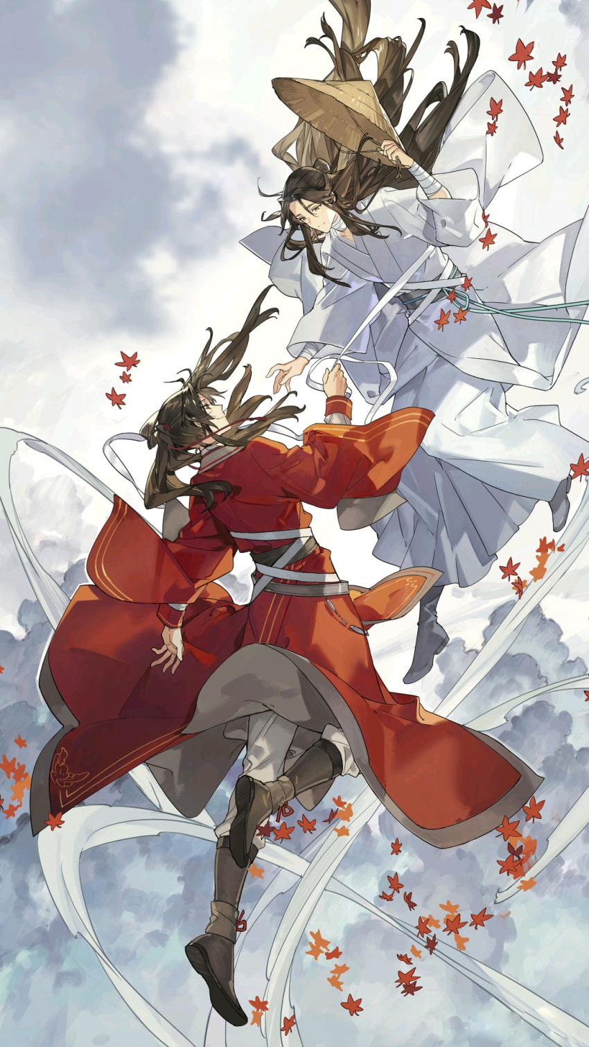 2boys 7178329144 autumn_leaves bandages bishounen black_hair chinese_clothes earrings floating full_body hanfu hat highres hua_cheng jewelry leaf long_hair long_sleeves looking_at_another male_focus maple_leaf multiple_boys tian_guan_ci_fu very_long_hair wide_sleeves xie_lian