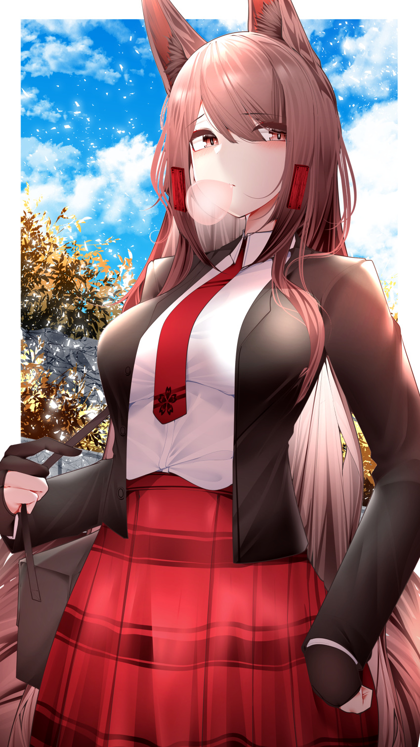 1girl absurdres akagi_(azur_lane) animal_ear_fluff animal_ears azur_lane bangs black_gloves black_jacket blazer blue_sky border breasts brown_hair brown_tail checkered_clothes checkered_skirt chewing_gum clenched_hand clouds cloudy_sky commentary cowboy_shot dated_commentary day food fox_ears fox_girl fox_tail gloves hair_over_shoulder hair_tubes highres jacket kitsune kyuubi large_breasts long_hair long_sleeves looking_at_viewer multiple_tails necktie parted_lips partially_fingerless_gloves pleated_shirt red_eyes red_necktie red_skirt sakura_empire_(emblem) samip school_uniform serafuku shirt sidelocks skirt sky slit_pupils solo symbol-only_commentary tail tree vegetation very_long_hair white_border white_shirt