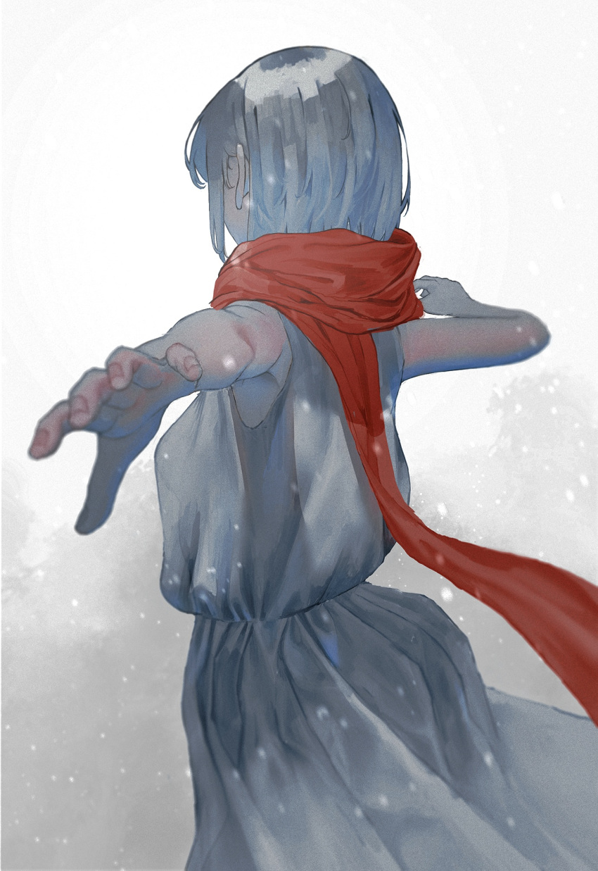 1girl arms_up dress from_behind highres looking_away natari original outstretched_arm partially_colored red_scarf scarf sidelocks sleeveless snow snowing solo spot_color standing upper_body white_dress white_hair