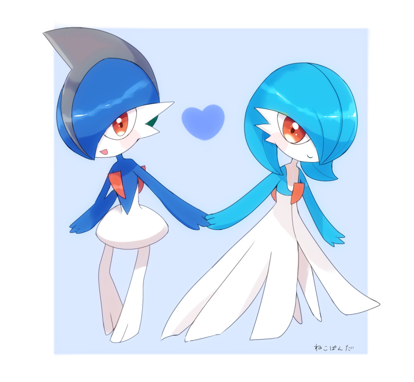 1boy 1girl alternate_color artist_name bangs blue_background blue_hair blue_skin blue_theme blush blush_stickers bob_cut border chibi closed_mouth colored_skin commentary_request couple flat_chest full_body gallade gardevoir grey_hair hair_over_one_eye happy heart highres holding_hands looking_at_viewer mohawk multicolored_hair multicolored_skin nekopanda one_eye_covered open_mouth orange_eyes outside_border pokemon pokemon_(creature) shiny shiny_hair shiny_pokemon short_hair signature simple_background smile standing two-tone_hair two-tone_skin white_border white_skin