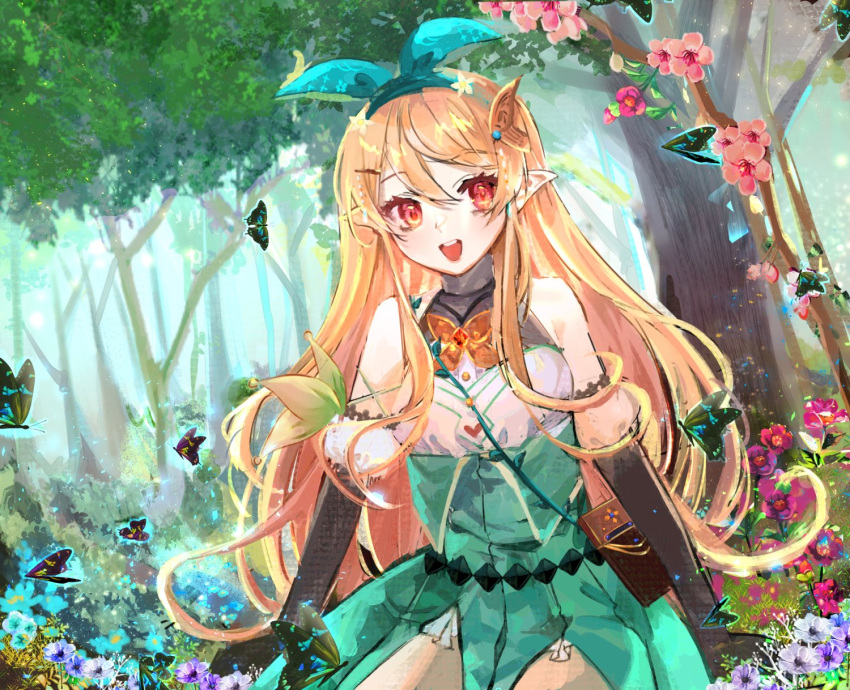 artist_request black_gloves black_skirt brown_eyes bug butterfly butterfly_hair_ornament chinese_commentary flower forest gloves hair_behind_ear hair_ornament halterneck high-waist_skirt highres looking_at_viewer mixed-language_commentary nature nijisanji nijisanji_en pink_flower pointy_ears pomu_rainpuff purple_flower second-party_source skirt smile