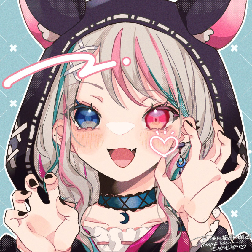 1girl aiueonigiri animal_hood blue_eyes blue_hair choker colorful_production commission commissioner_upload crescent grey_hair heterochromia highres hood looking_at_viewer multicolored_hair nail_polish open_mouth pink_eyes pink_hair profile skeb_commission solo virtual_youtuber yozuki_sora