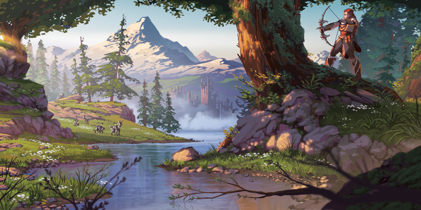 1girl absurdres aloy_(horizon) blue_sky bow_(weapon) fog grass highres holding holding_weapon horizon_zero_dawn lorenzo_lanfranconi mountainous_horizon outdoors redhead river rock sky tree water weapon