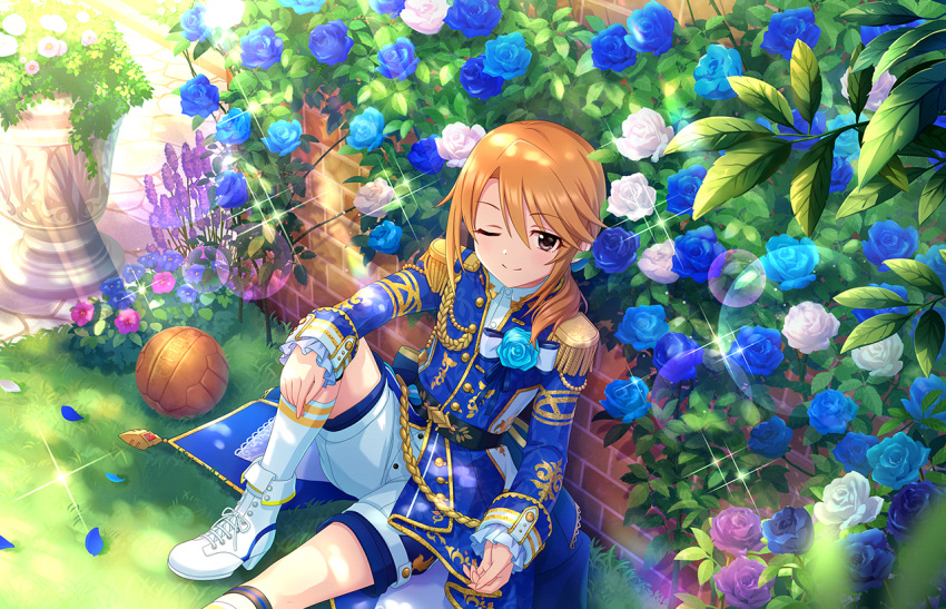 1girl alternate_costume alternate_hairstyle ankle_boots artist_request ball bangs belt blue_flower blue_rose boots bow buttons day epaulettes flat_chest flower frills grass idolmaster idolmaster_cinderella_girls idolmaster_cinderella_girls_starlight_stage jacket lavender_(flower) long_sleeves low_ponytail official_art one_eye_closed orange_hair outdoors petals pink_flower pink_rose plant prince purple_flower purple_rose rose shorts sitting smile socks solo sunlight white_flower white_rose yuuki_haru