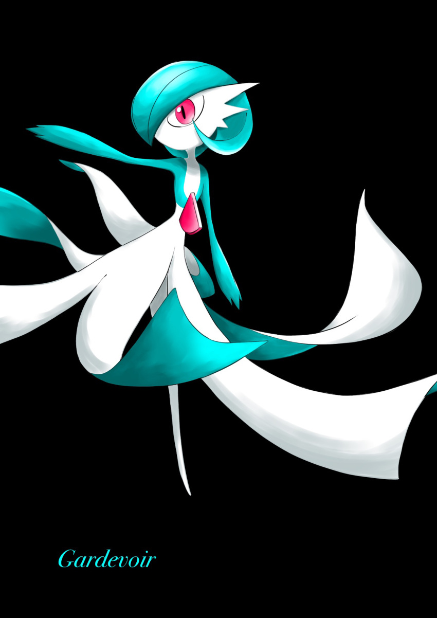 1girl alternate_color arm_at_side arm_up bangs black_background blue_hair blue_skin bob_cut character_name colored_skin commentary english_text flat_chest full_body gardevoir highres looking_to_the_side multicolored_skin no_mouth outstretched_arm pokemon pokemon_(creature) red_eyes rve shiny_pokemon short_hair simple_background solo standing standing_on_one_leg two-tone_skin white_skin