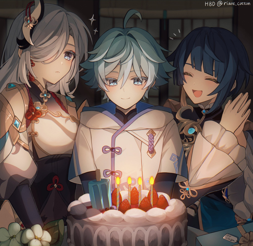 1boy 2girls :d ahoge birthday_cake cake candle chongyun_(genshin_impact) closed_eyes closed_mouth flower food fruit genshin_impact hair_over_one_eye highres multiple_girls own_hands_together plate riane_cotton short_hair smile strawberry