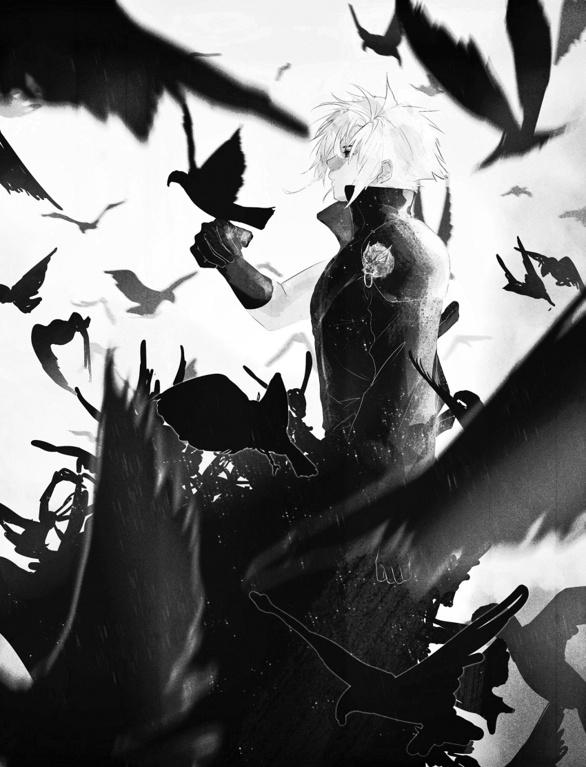 1boy armor bird bird_on_hand black_gloves black_shirt cloud_strife final_fantasy final_fantasy_vii final_fantasy_vii_advent_children flock gloves grey_background greyscale hair_between_eyes hand_up high_collar highres looking_to_the_side male_focus monochrome open_collar shirt short_hair shoulder_armor single_sleeve sleeveless sleeveless_shirt solo spiky_hair sry_rae standing upper_body wolf