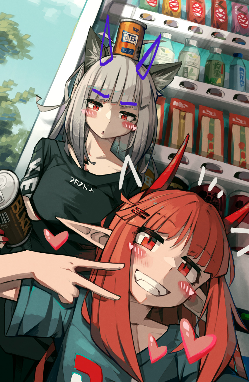 2girls absurdres animal_ear_fluff animal_ears arknights bangs black_shirt blue_shirt blue_sky blush_stickers breasts can canned_coffee collarbone day drawn_ears frostleaf_(arknights) grey_hair grin hair_ornament hairclip highres holding holding_can horns long_hair medium_breasts multiple_girls on_head outdoors parted_lips pointy_ears red_eyes redhead shirt short_sleeves sky smile togekk0 vending_machine vigna_(arknights) wide_sleeves