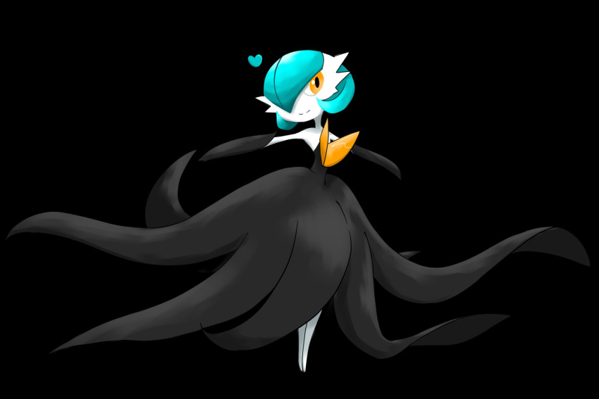 1girl alternate_color arms_up bangs bare_shoulders black_background black_dress black_gloves blue_hair bob_cut closed_mouth colored_skin commentary dress elbow_gloves flat_chest full_body gardevoir gloves hair_over_one_eye happy heart legs_together looking_to_the_side mega_gardevoir mega_pokemon one_eye_covered orange_eyes outstretched_arms pokemon pokemon_(creature) rve shiny_pokemon short_hair simple_background smile solo split_mouth spread_arms standing strapless strapless_dress white_skin