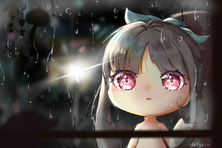 1girl artist_name bangs black_hair black_skin blush collarbone colored_skin commentary_request crying flat_chest green_ribbon hair_ribbon hand_up looking_at_viewer mawile moxa_ryu multicolored_skin nose_blush open_mouth pokemon pokemon_(creature) ponytail rain red_eyes ribbon sad sidelocks signature solo tears two-tone_skin upper_body window yellow_skin