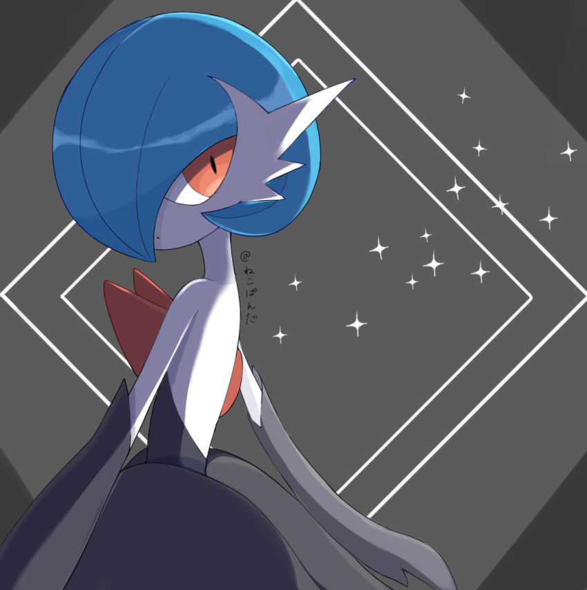 1girl alternate_color artist_name back backlighting bangs bare_shoulders black_dress black_gloves blue_hair bob_cut closed_mouth colored_skin commentary_request dot_mouth dress elbow_gloves expressionless from_behind gardevoir gloves grey_background hair_over_one_eye looking_back mega_gardevoir mega_pokemon nekopanda one_eye_covered partial_commentary pixiv_username pokemon pokemon_(creature) red_eyes shiny shiny_hair shiny_pokemon short_hair signature solo sparkle standing strapless strapless_dress upper_body white_skin
