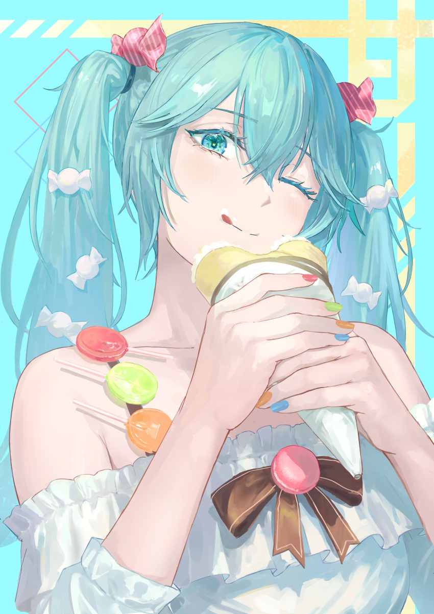 1girl absurdres aqua_eyes aqua_hair blue_nails blush candy candy_hair_ornament candy_wrapper collarbone commentary_request crepe eating eyelashes food food-themed_hair_ornament frilled_shirt frills green_nails hair_ornament hands_up hatsune_miku highres holding holding_food licking_lips long_hair looking_at_viewer multicolored_nails off-shoulder_shirt off_shoulder one_eye_closed pink_nails shirt solo tadanotarosuke tongue tongue_out twintails vocaloid whipped_cream white_shirt