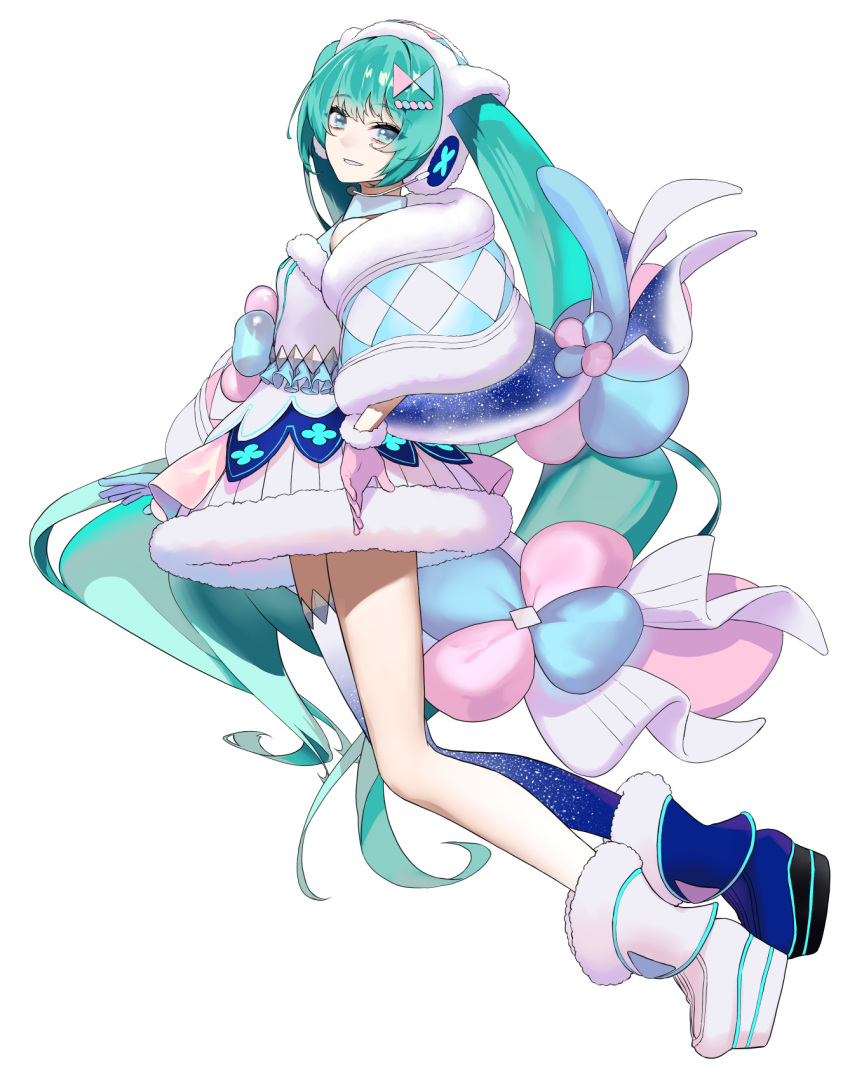 1girl ankle_boots aqua_eyes aqua_hair argyle arms_at_sides bangs blue_shawl blue_thighhighs blunt_bangs boots breasts collared_dress dress earmuffs floral_print frills full_body fur-trimmed_boots fur-trimmed_dress fur-trimmed_gloves fur-trimmed_shawl fur_trim gloves hair_ornament hairclip hatsune_miku headset highres legs_together long_hair looking_at_viewer magical_mirai_(vocaloid) magical_mirai_miku magical_mirai_miku_(2020_winter) pastel_colors pink_gloves platform_boots platform_footwear rsk_(tbhono) shawl shiny shiny_hair short_dress sideboob sidelocks simple_background single_bare_leg single_thighhigh small_breasts smile solo star_(symbol) star_print thigh-highs tsurime twintails very_long_hair vocaloid white_background white_dress