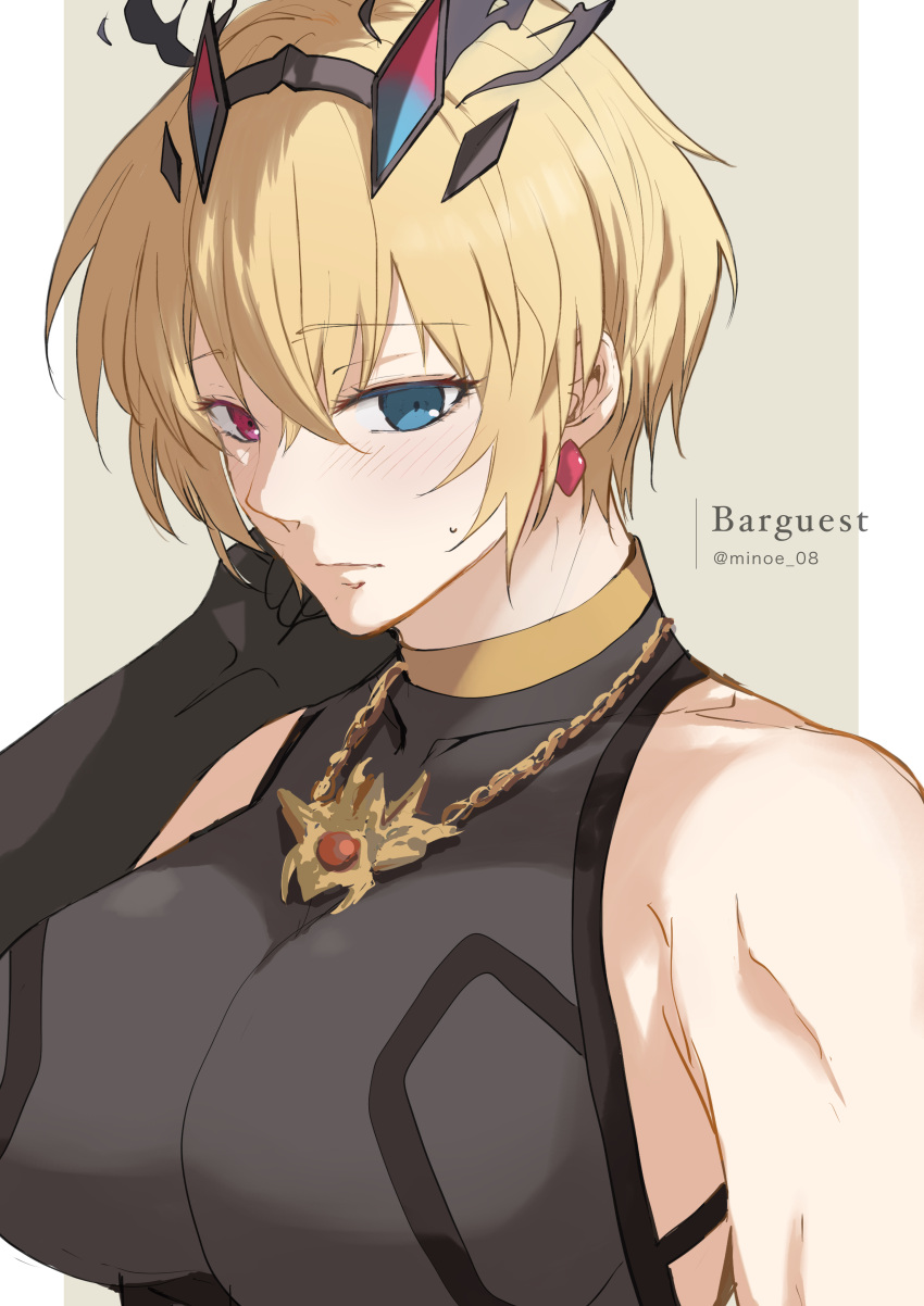 1girl absurdres alternate_hair_length alternate_hairstyle blonde_hair blue_eyes blush breasts embarrassed fairy_knight_gawain_(fate) fate/grand_order fate_(series) hair_ornament heterochromia highres jewelry large_breasts looking_at_viewer minoe08 necklace piercing pink_eyes short_hair solo upper_body