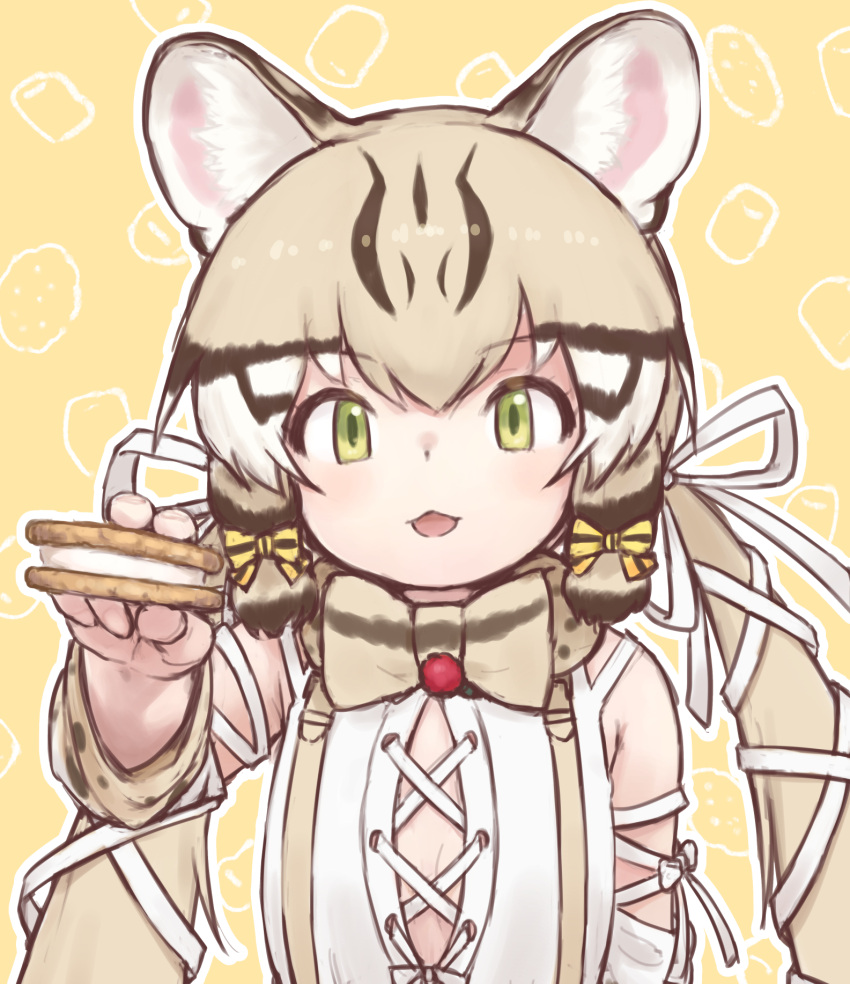 1girl :3 animal_ears animal_print bare_shoulders blonde_hair blush bow bowtie brown_hair cat_ears cat_girl cat_print center_opening cookie detached_sleeves food geoffroy's_cat_(kemono_friends) green_eyes hair_tie highres kemono_friends kemono_friends_v_project long_hair looking_at_viewer multicolored_hair open_mouth pov print_bow print_bowtie print_sleeves rumenia_(ao2is) shirt sidelocks solo twintails upper_body virtual_youtuber white_shirt