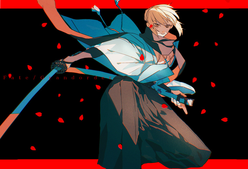 1girl arm_guards azisaiharumaki56 bangs black_hakama black_scarf blonde_hair breasts closed_mouth expressionless falling_petals fate/grand_order fate/type_redline fate_(series) feet_out_of_frame full_body hakama haori highres holding holding_sword holding_weapon japanese_clothes katana kimono koha-ace long_sleeves looking_at_viewer multicolored_background official_alternate_hairstyle okita_souji_(fate) okita_souji_(koha-ace) petals ponytail scarf serious shinsengumi short_hair short_kimono solo sword two-tone_background uniform weapon white_kimono wide_sleeves yellow_eyes