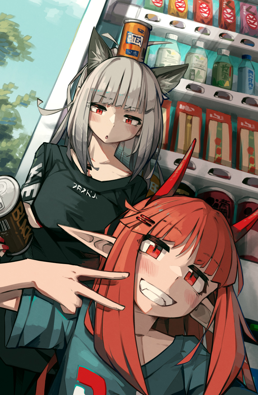 2girls absurdres animal_ear_fluff animal_ears arknights bangs black_shirt blue_shirt blue_sky blush bottle breasts can canned_coffee collarbone commentary day english_commentary frostleaf_(arknights) grey_hair grin hair_ornament hairclip highres holding holding_can horns long_hair medium_breasts multiple_girls on_head outdoors parted_lips pointy_ears red_eyes redhead shirt short_sleeves sky smile togekk0 vending_machine vigna_(arknights) wide_sleeves