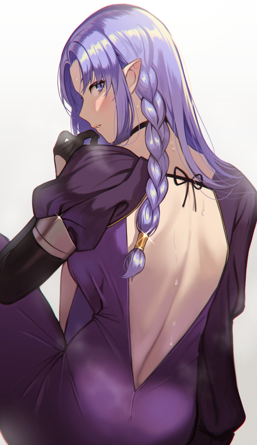 1girl ass backless_dress backless_outfit blue_eyes blue_hair braid deras dress fate/grand_order fate_(series) from_behind highres long_hair looking_back medea_(fate) pointy_ears purple_dress side_braid sitting solo sweat