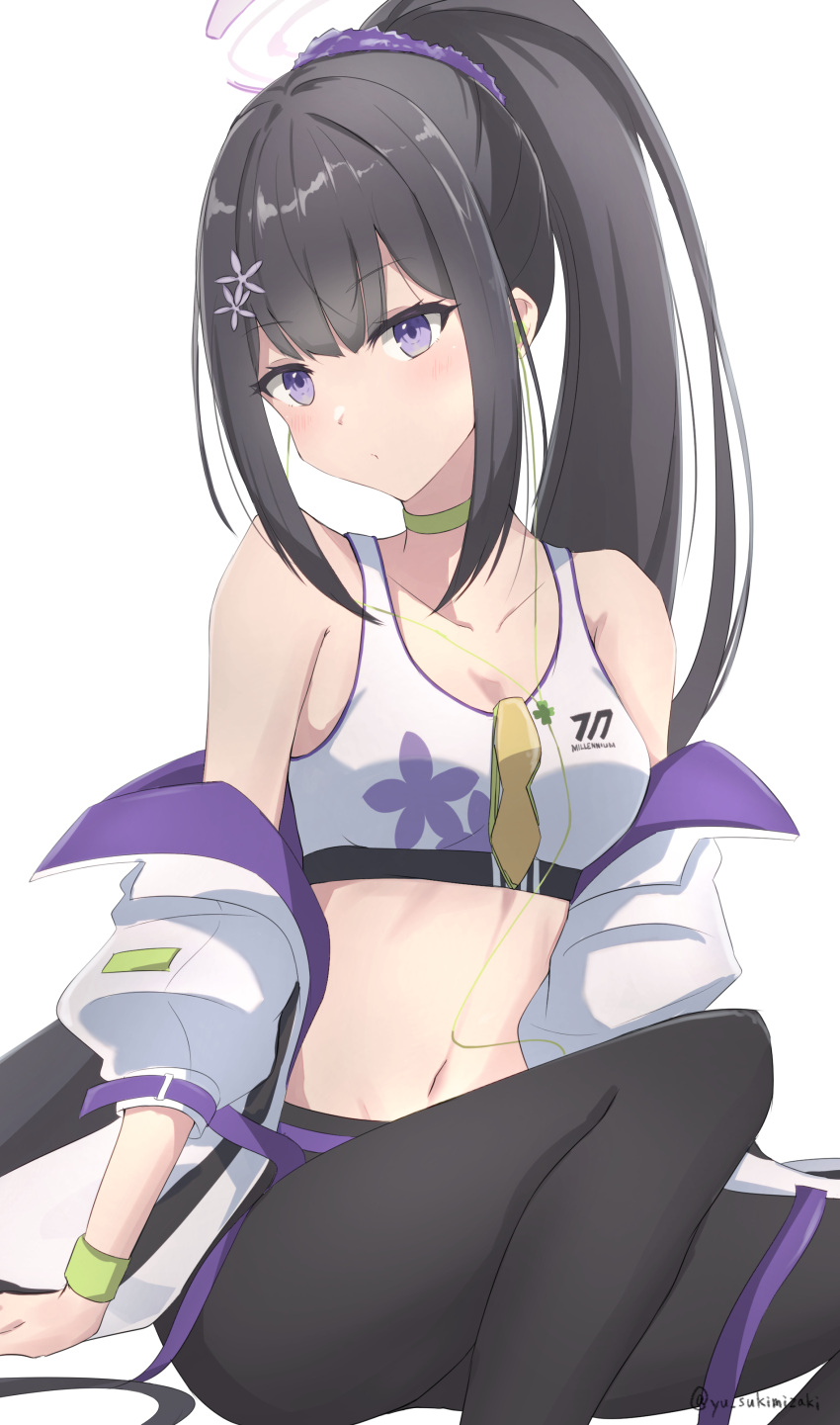 1girl absurdres afnroll black_hair blue_archive choker closed_mouth crop_top flower green_choker hair_flower hair_ornament highres light_blush long_hair looking_at_viewer midriff ponytail simple_background sitting solo sports_bra sukimizaki sumire_(blue_archive) sweat upper_body violet_eyes white_background