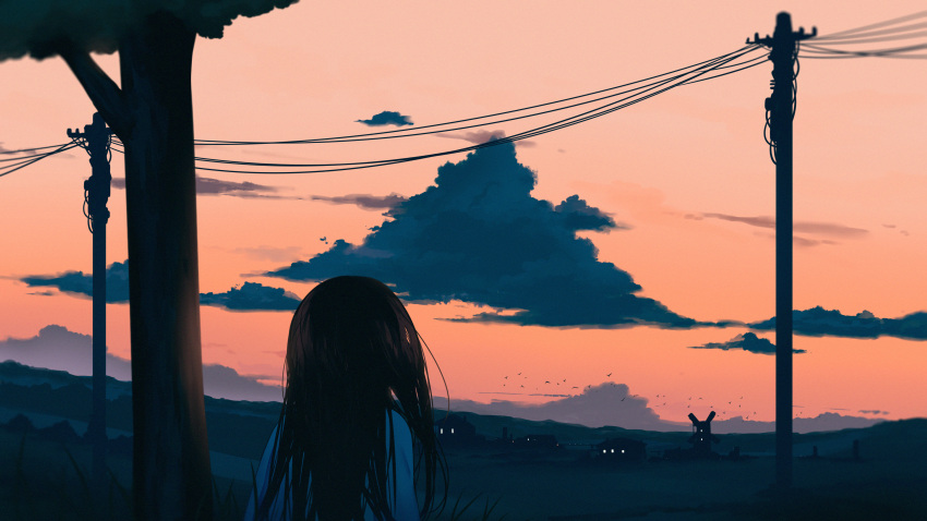 1girl absurdres arttsam building clouds cloudy_sky evening from_behind gradient_sky highres long_hair looking_afar orange_sky original outdoors power_lines scenery shirt sky solo sunset tree utility_pole white_shirt windmill