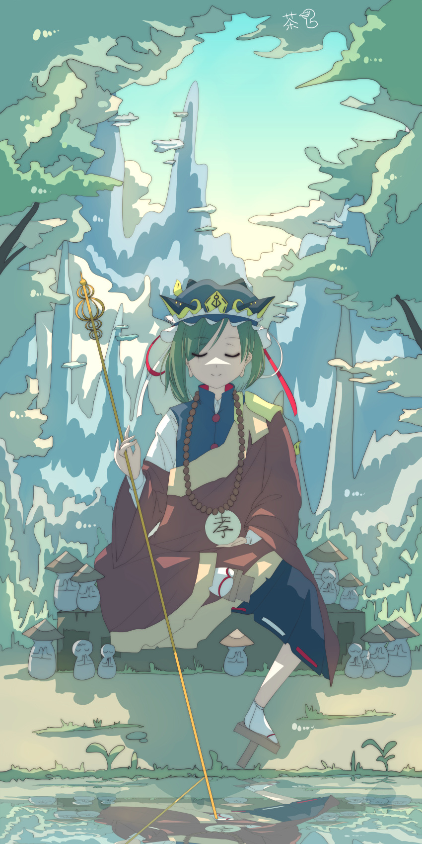 1girl absurdres bangs beads black_skirt blue_headwear blue_vest bush buttons closed_eyes closed_mouth clouds commentary_request day flat_chest forest frilled_hat frills full_body geta grass green_hair hat highres holding holding_staff jizou long_sleeves mountain nature outdoors penglai_tea prayer_beads reflection reflective_water ribbon-trimmed_skirt ribbon_trim shakujou shiki_eiki shirt short_hair sitting skirt smile socks solo staff tabi tengu-geta touhou vest water white_shirt