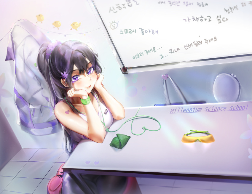 1girl absurdres black_hair blue_archive cheosnuni choker closed_mouth crop_top flower green_choker hair_flower hair_ornament highres light_blush long_hair looking_at_viewer ponytail sumire_(blue_archive) table upper_body violet_eyes