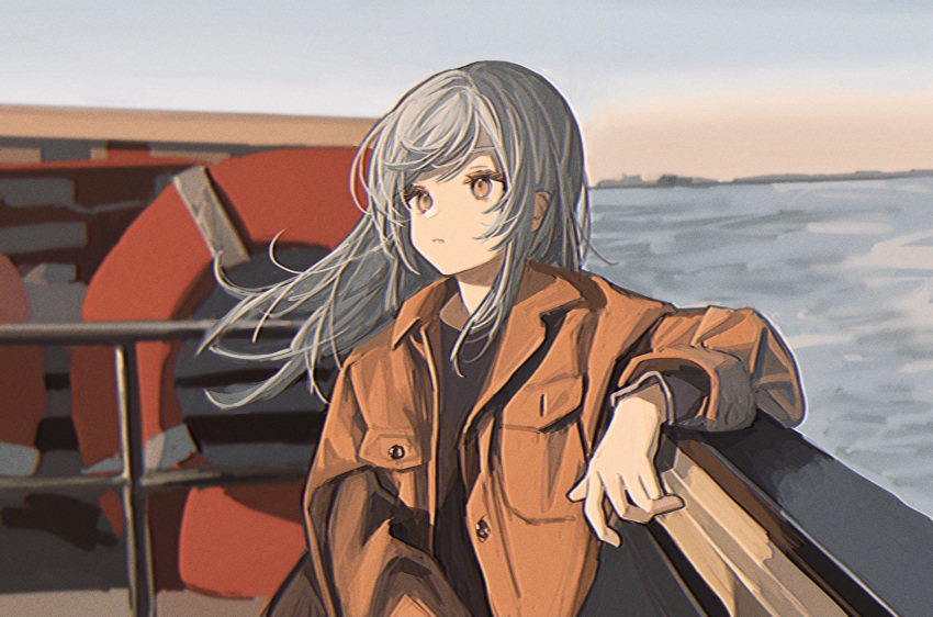 1girl absurdres boat closed_mouth eyelashes film_grain grey_hair highres jacket leaning long_eyelashes long_hair ocean open_clothes open_jacket orange_eyes orange_jacket original outdoors railing scenery solo water watercraft zumochi