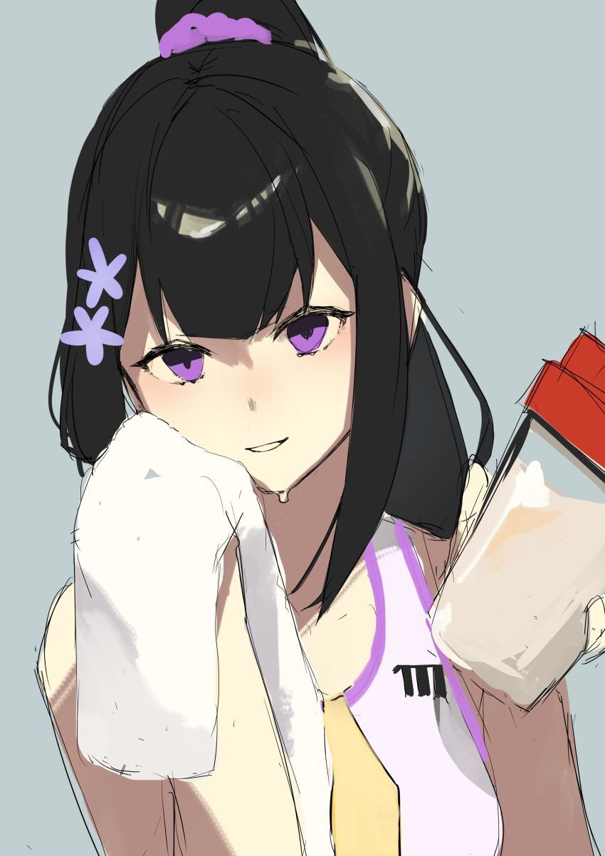 1girl absurdres black_hair blue_archive bottle choker closed_mouth crop_top flower hair_flower hair_ornament highres hudp8854 light_blush long_hair looking_at_viewer ponytail simple_background sumire_(blue_archive) towel upper_body violet_eyes water_bottle