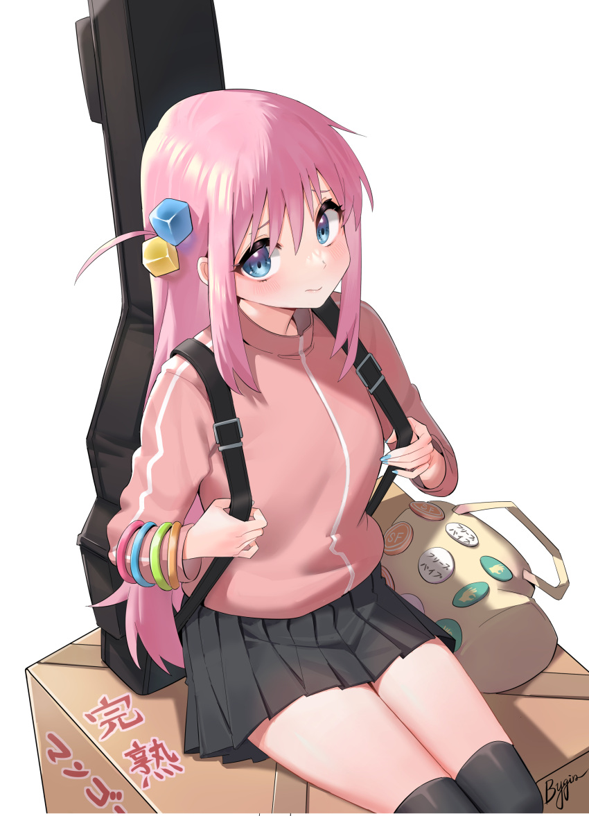 1girl absurdres bag bangs black_socks blue_bracelet blue_eyes bocchi_the_rock! box bracelet chen_yang_yang cube_hair_ornament electric_guitar gigbag gotou_hitori green_bracelet grey_skirt guitar hair_between_eyes hair_ornament hair_over_eyes highres instrument instrument_case jacket jewelry long_hair looking_at_viewer multiple_bracelets one_side_up orange_bracelet pink_bracelet pink_hair pink_jacket pink_track_suit pleated_skirt simple_background sitting sitting_on_object skirt socks solo track_jacket white_background yellow_bag