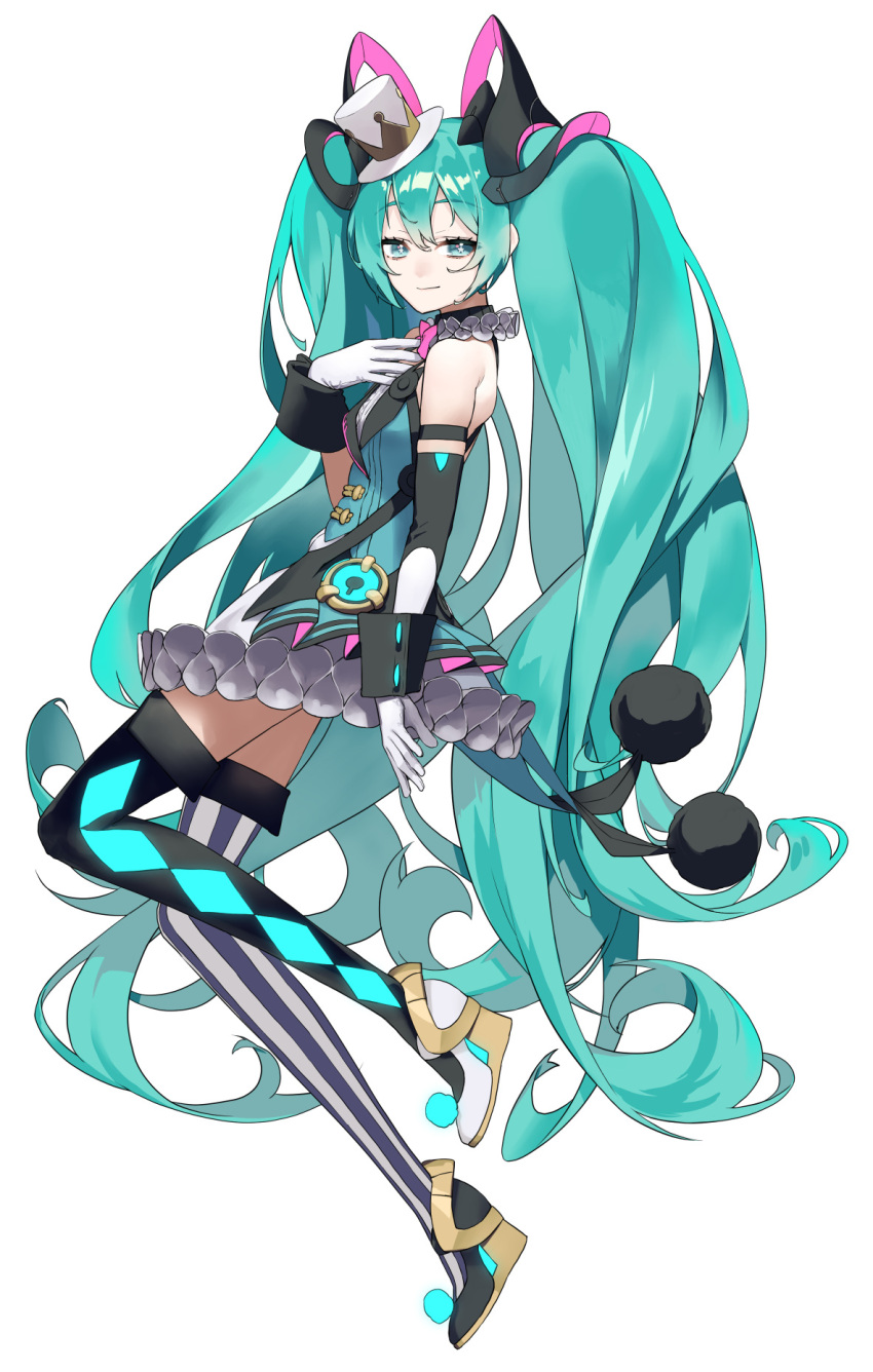 1girl aqua_eyes aqua_hair argyle argyle_legwear arm_at_side armband asymmetrical_footwear asymmetrical_legwear bare_shoulders black_footwear black_sleeves black_thighhighs bow bowtie breasts bubble_skirt buttons center_frills closed_mouth detached_sleeves double-breasted eyelashes eyes_visible_through_hair frills full_body gloves grey_thighhighs hair_between_eyes hair_ornament hand_on_own_chest hat hatsune_miku highres light_smile long_hair looking_afar magical_mirai_(vocaloid) magical_mirai_miku magical_mirai_miku_(2019) mini_hat mini_top_hat mismatched_footwear mismatched_legwear neck_ruff pink_bow pink_bowtie platform_footwear pom_pom_(clothes) rsk_(tbhono) shiny shiny_hair shoes shoulder_blades sidelocks simple_background single_detached_sleeve skindentation skirt small_breasts solo star_(symbol) star_in_eye striped striped_thighhighs symbol_in_eye thigh-highs top_hat traditional_bowtie tsurime twintails two-tone_legwear underbust vertical-striped_thighhighs vertical_stripes very_long_hair vocaloid wavy_hair white_background white_footwear white_gloves white_headwear white_skirt white_thighhighs wing_collar wrist_cuffs zettai_ryouiki
