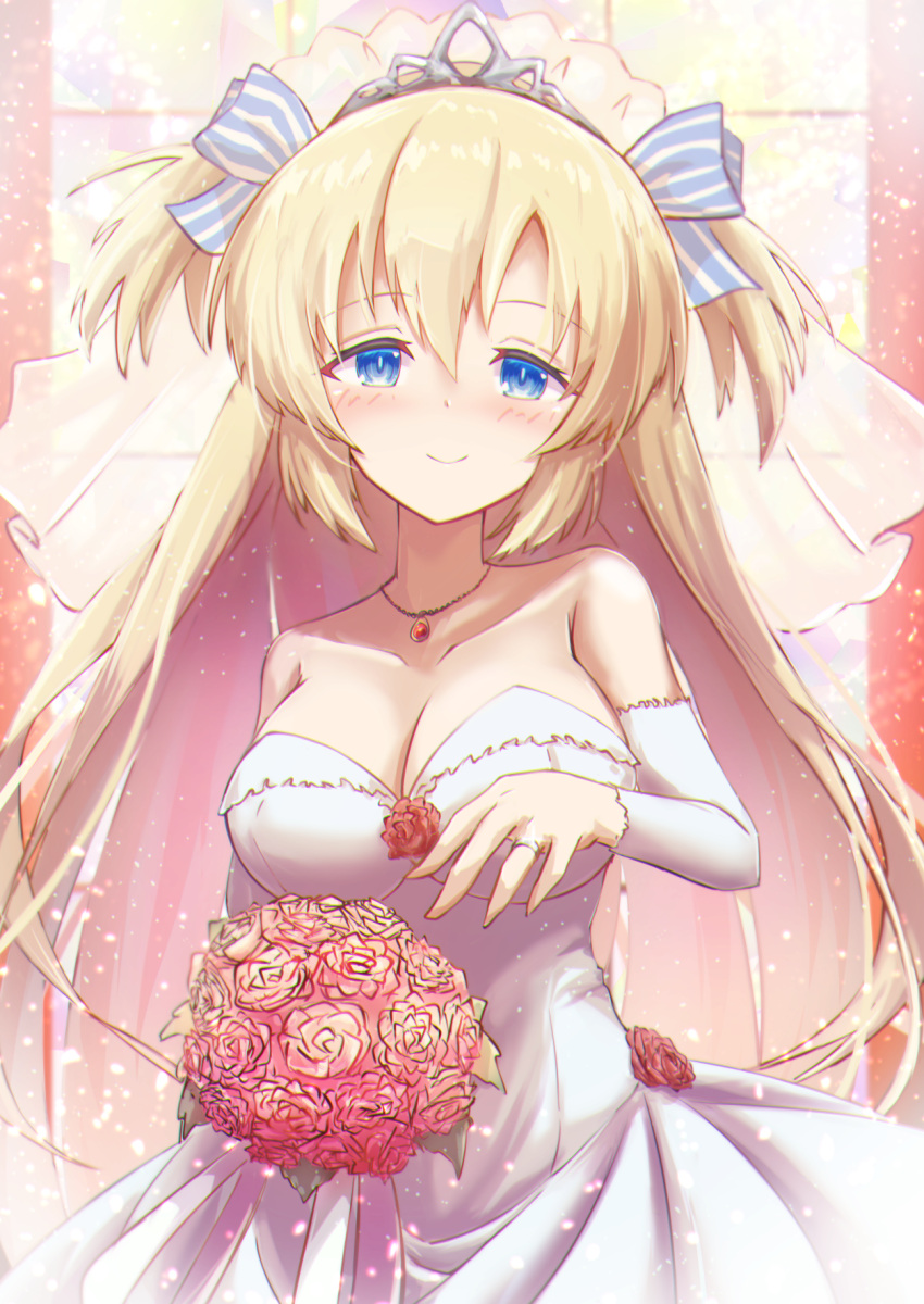 1girl blonde_hair blue_eyes bouquet breasts bridal_veil circlet dress hair_between_eyes hair_ribbon highres holding holding_bouquet jewelry large_breasts liz_hohenstein looking_at_viewer muvluv muvluv_alternative ribbon ring schwarzesmarken smile veil wedding wedding_dress wedding_ring yomitsuna