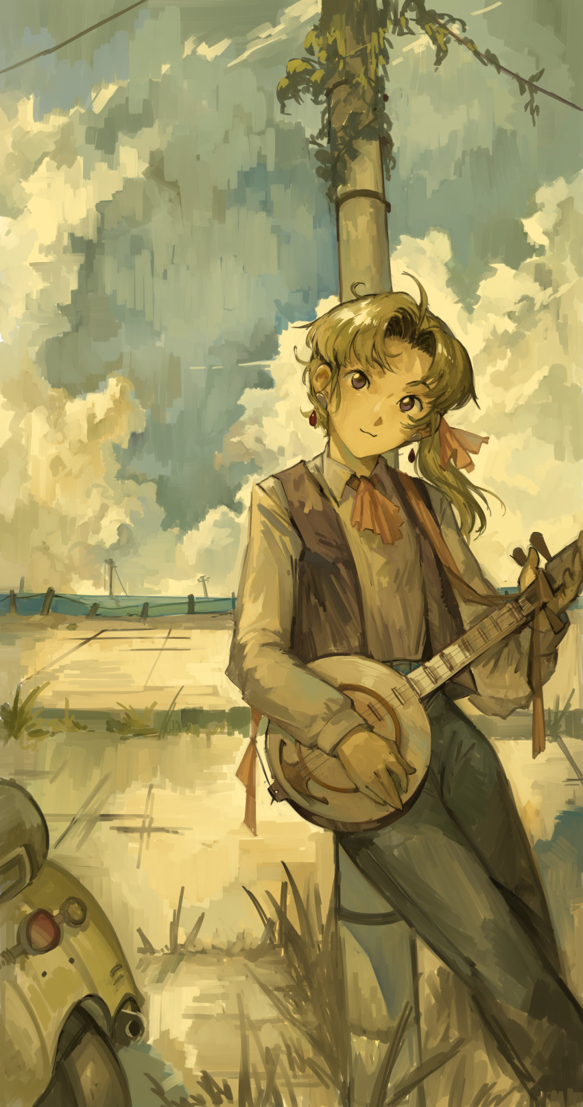 1girl absurdres android blue_pants bow brown_eyes clouds earrings green_hair ground_vehicle hatsuseno_alpha highres holding holding_instrument instrument jewelry kornod landscape looking_at_viewer motor_vehicle outdoors pants peaceful scooter shirt solo vespa white_shirt yellow_bow yokohama_kaidashi_kikou yueqin