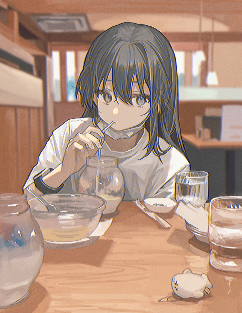 1girl absurdres bangs black_hair blurry blurry_background bowl cup drinking drinking_glass drinking_straw eyelashes film_grain fingernails glass_bowl grey_eyes hair_between_eyes highres holding indoors long_hair mask mask_around_neck mouth_mask original restaurant shirt short_sleeves solo table watch watch water white_mask white_shirt zumochi
