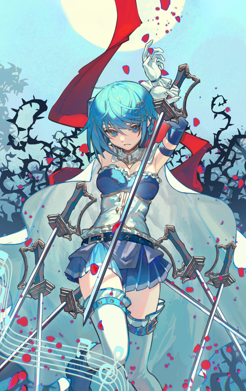 1girl absurdres arms_behind_head arms_up bangs belt blue_background blue_belt blue_eyes blue_footwear blue_hair blue_skirt bodice cape chinese_commentary commentary_request detached_sleeves falling_petals feet_out_of_frame flowercz frills gloves hair_ornament highres holding holding_sword holding_weapon knees_together_feet_apart leg_belt looking_at_viewer magical_girl mahou_shoujo_madoka_magica miki_sayaka multiple_swords musical_note musical_note_hair_ornament petals plant planted planted_sword serious shoes short_hair skirt solo staff_(music) standing sword thigh-highs thorns vines weapon white_cape white_gloves white_thighhighs