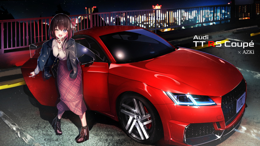 1girl ;d audi audi_tt azki_(hololive) bangs black_hair car character_name commentary_request ground_vehicle highres hololive license_plate motor_vehicle multicolored_hair night one_eye_closed open_mouth pink_hair railing short_hair smile solo sports_car standing vehicle_focus vehicle_name violet_eyes virtual_youtuber you'a