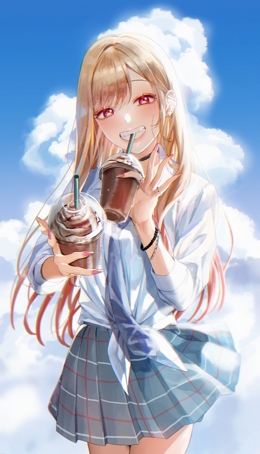 1girl absurdres bangs barbell_piercing black_choker blonde_hair blue_necktie blue_sky bracelet choker clouds cloudy_sky cowboy_shot cup day disposable_cup drinking drinking_straw ear_piercing earrings fingernails gradient_hair grin highres holding holding_cup jewelry kitagawa_marin long_fingernails long_hair long_sleeves looking_at_viewer multicolored_hair nail_polish necktie outdoors piercing pink_nails plaid plaid_skirt pleated_skirt red_eyes redhead ring school_uniform shirt sinomi skirt sky smile solo sono_bisque_doll_wa_koi_wo_suru swept_bangs teeth tied_shirt wind
