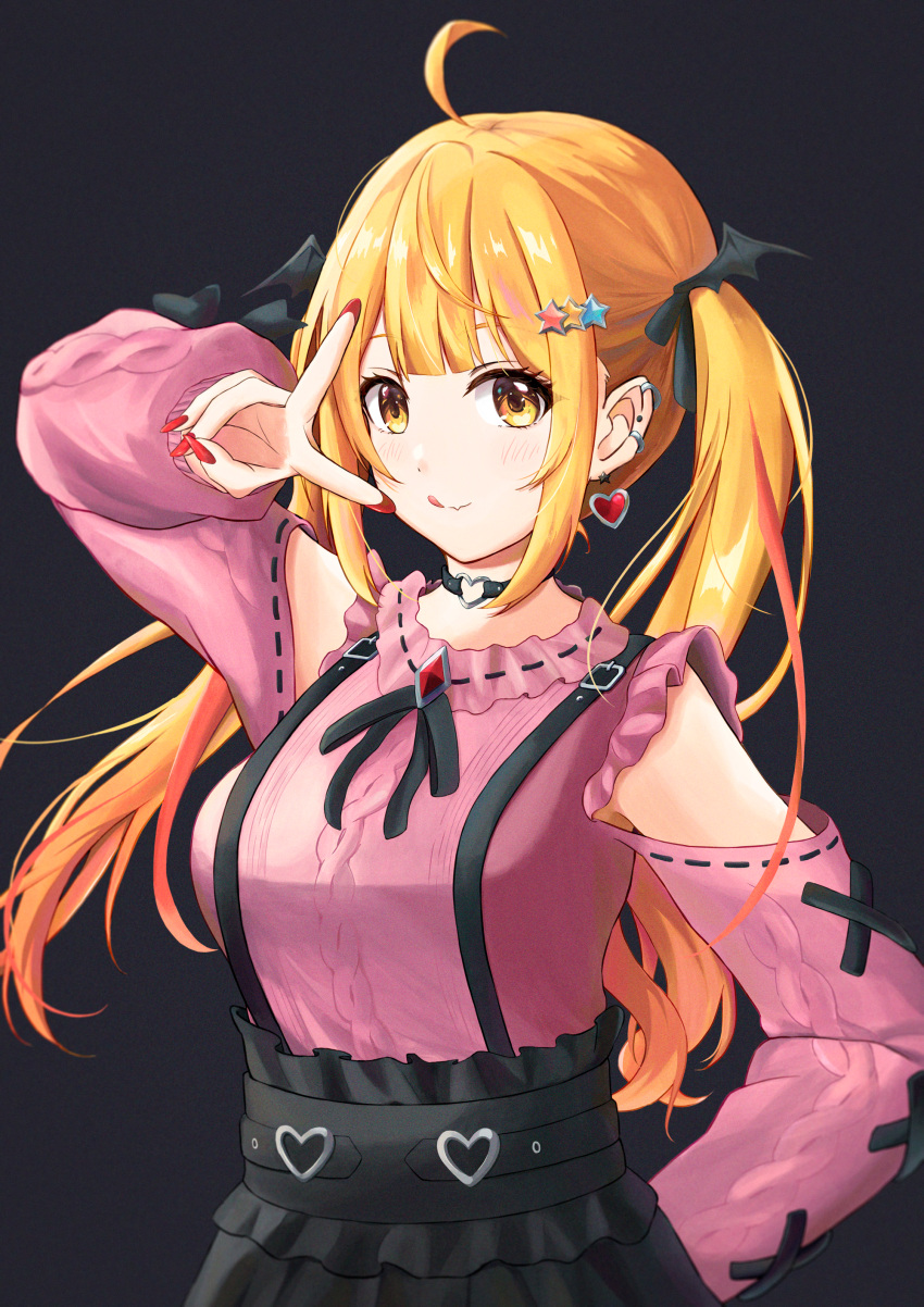 1girl ;q absurdres ahoge aran_sweater arm_behind_back bangs bare_shoulders bat_hair_ornament black_shirt blonde_hair blunt_bangs blush clothing_cutout ear_piercing fang fingernails hair_ornament hairclip heart heart_hair_ornament high-waist_skirt highres hololive jirai_kei long_fingernails looking_at_viewer nail_polish one_eye_closed piercing pink_sweater red_nails shirt shoulder_cutout sidelocks skin_fang skirt smile solo suspender_skirt suspenders sweater tongue tongue_out twintails upper_body v_over_eye virtual_youtuber yahime_hoshino yozora_mel