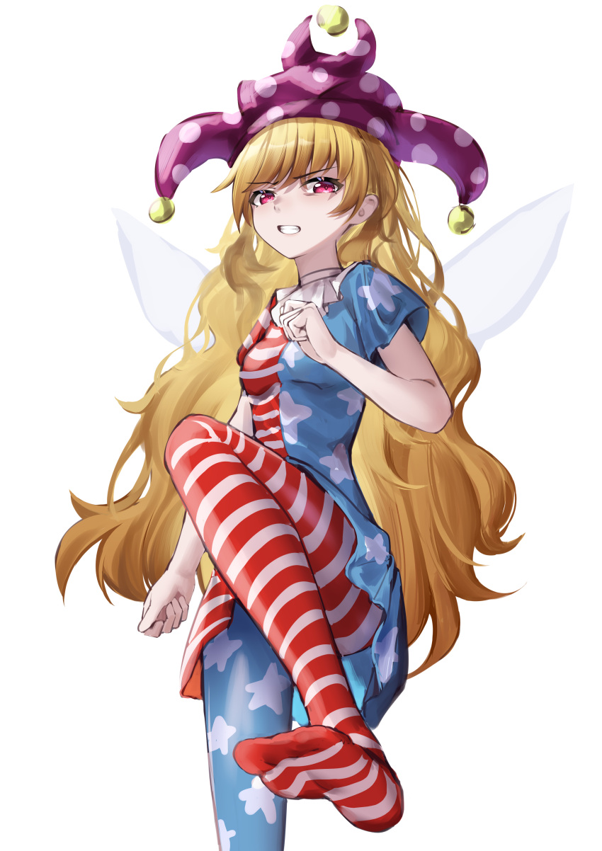 1girl absurdres ailu_elf american_flag_dress american_flag_pants bangs blonde_hair breasts chinese_commentary closed_mouth clownpiece commentary_request dress fairy_wings hair_between_eyes hand_up hat highres jester_cap leg_up long_hair looking_at_viewer neck_ruff no_shoes pants pink_eyes polka_dot purple_headwear short_sleeves small_breasts solo standing standing_on_one_leg star_(symbol) star_print striped striped_dress striped_pants teeth touhou transparent_wings v-shaped_eyebrows wings