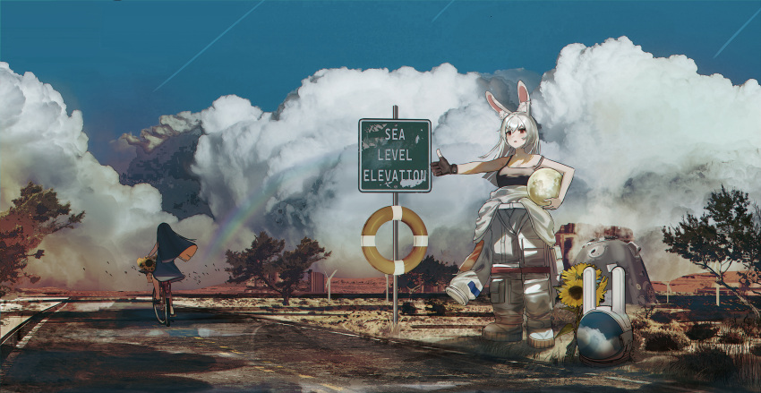 2girls absurdres animal_ears astronaut bicycle blue_sky clouds day geki_dan ground_vehicle headwear_removed helmet helmet_removed highres hitchhiking holding long_hair moon multiple_girls original outdoors partially_undressed rabbit_ears rabbit_girl rainbow red_eyes riding riding_bicycle road road_sign scenery sign sky solo_focus space_helmet spacesuit thumbs_up tree white_hair