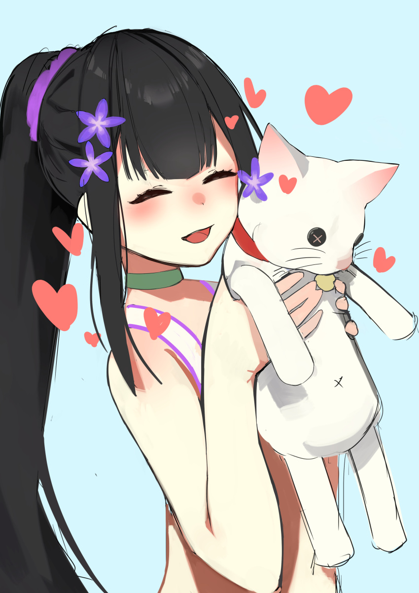 1girl absurdres afnroll black_hair blue_archive cat choker closed_eyes closed_mouth crop_top flower green_choker hair_flower hair_ornament highres hudp8854 light_blush long_hair looking_at_viewer midriff ponytail simple_background sitting solo sports_bra sukimizaki sumire_(blue_archive) sweat upper_body violet_eyes