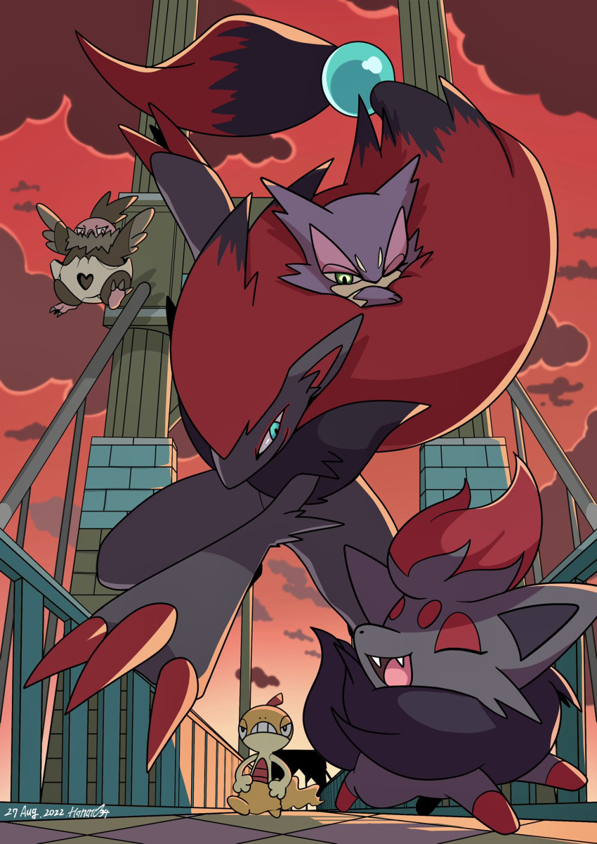 :d bridge claws closed_eyes clouds commentary_request fangs from_below hanato_yousei highres no_humans open_mouth outdoors pokemon pokemon_(creature) purrloin scraggy sky smile tongue vullaby zoroark zorua