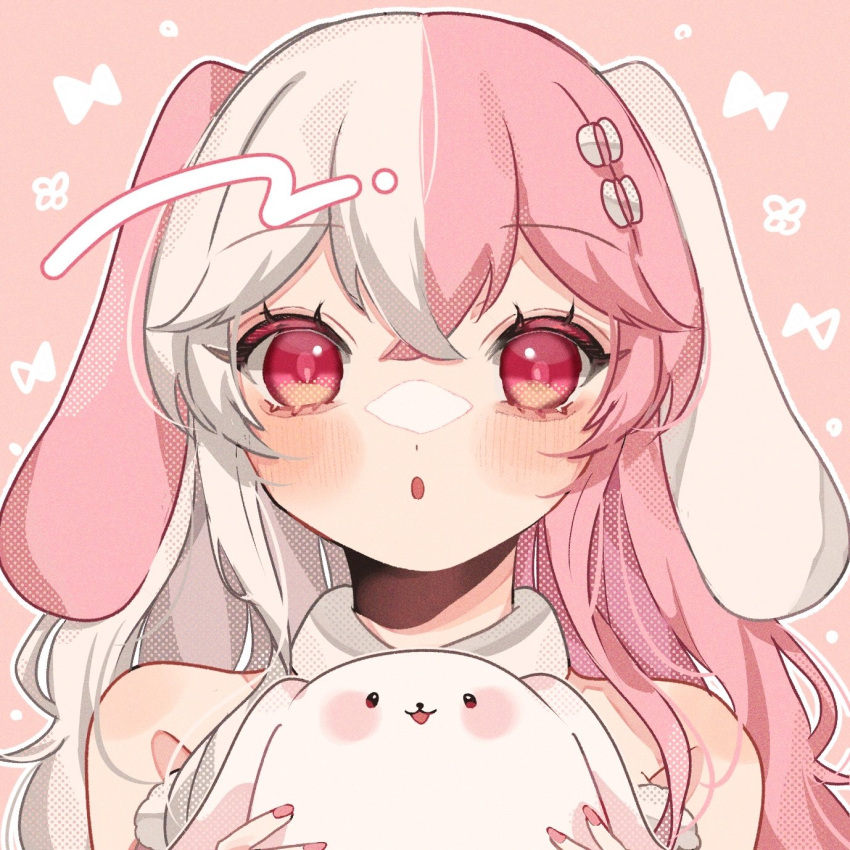 1girl aiueonigiri animal_ears commission commissioner_upload highres indie_virtual_youtuber long_hair marshie_(vtuber) multicolored_hair open_mouth pink_background pink_eyes pink_hair profile rabbit rabbit_ears rabbit_girl skeb_commission solo split-color_hair virtual_youtuber white_hair