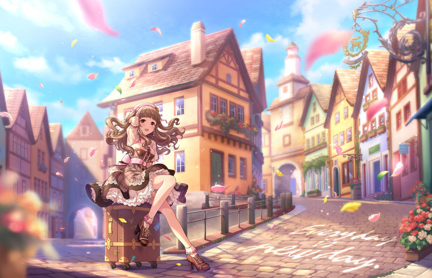 1girl artist_request bangs belt beret blunt_bangs blush breasts brown_hair building cityscape clouds cloudy_sky day dress frilled_socks frills hand_in_own_hair hat high_heels house idolmaster idolmaster_cinderella_girls idolmaster_cinderella_girls_starlight_stage kamiya_nao lolita_fashion looking_at_viewer official_art outdoors petals plaid plaid_dress puffy_short_sleeves puffy_sleeves red_eyes scenery short_sleeves sitting sky smile socks solo suitcase thick_eyebrows two_side_up