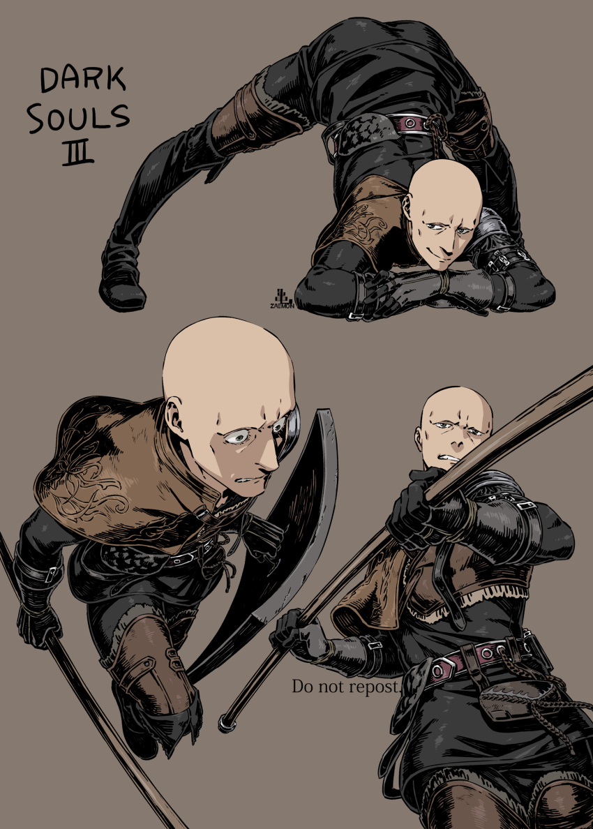 1boy bald belt black_footwear black_gloves black_jacket black_pants boots brown_background brown_gloves brown_pants clenched_teeth dark_souls_(series) dark_souls_iii gloves highres holding holding_polearm holding_shield holding_weapon jacket kamezaemon knee_boots male_focus meme multiple_views pants patches_(from_software) polearm pouch shield simple_background smile teeth weapon