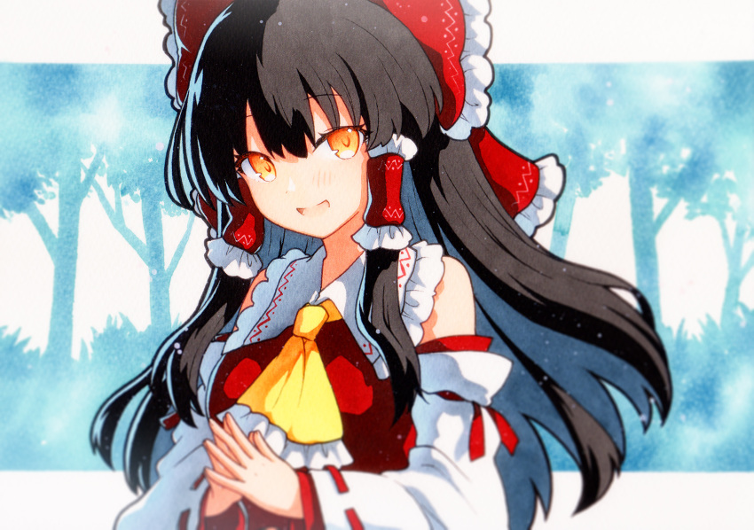 1girl ascot bow detached_sleeves frilled_bow frills hair_bow hair_tubes hakurei_reimu highres long_hair nontraditional_miko own_hands_together qqqrinkappp red_bow ribbon-trimmed_sleeves ribbon_trim solo touhou tree wide_sleeves