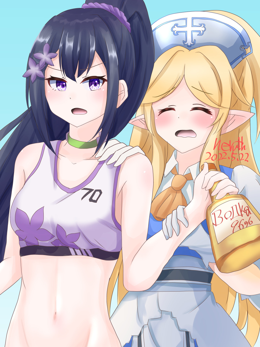 2girls absurdres black_hair blonde_hair blue_archive choker closed_mouth crop_top crossover flower gloves hair_flower hair_ornament highres imai_asami light_blush long_hair looking_at_viewer midriff multiple_girls navel neruth ponytail princess_connect! sumire_(blue_archive) voice_actor_connection yukari_(princess_connect!)